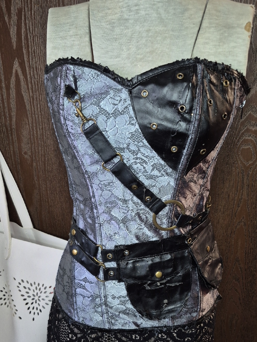Grey/Blue Satin Lace Steampunk Corset with Black Faux Leather Trim